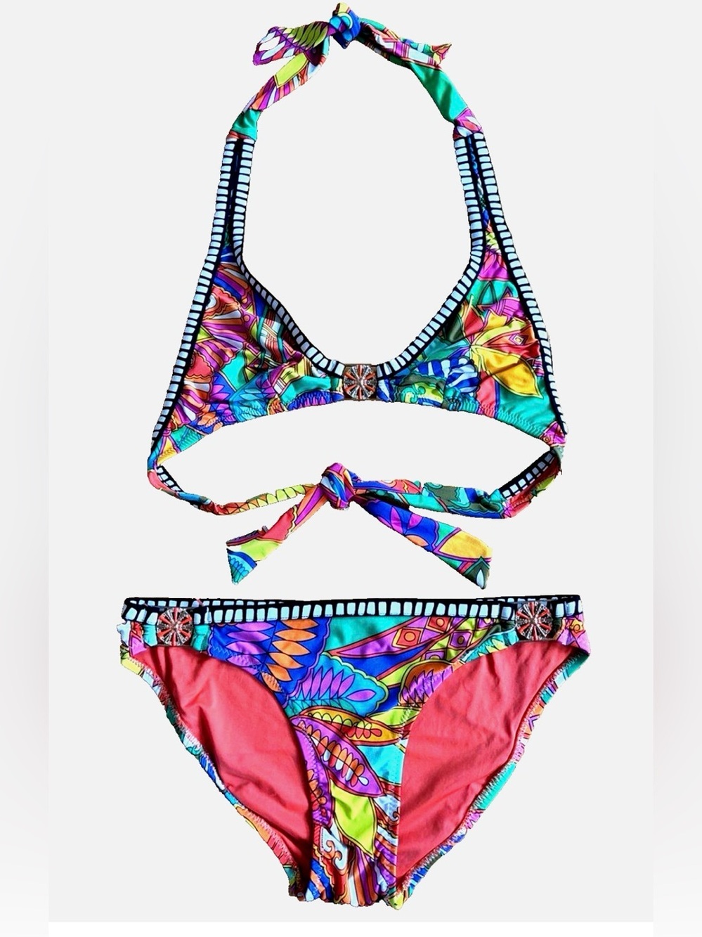 Trina Turk Montezuma Halter Bikini Set S Colorful Tropical Gold Hardware